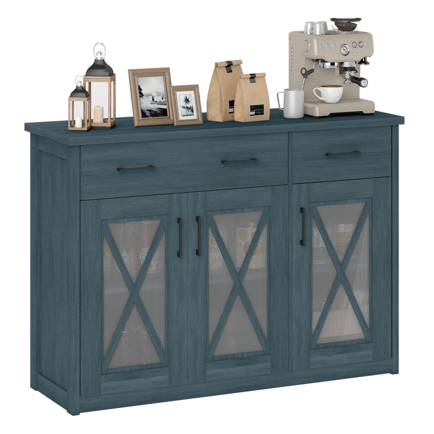 Farmhouse Buffet Sideboard, 3-Door Kitchen Storage Cabinet, 2 Drawers, Turquoise Sideboards Cabinets & Buffets Turquoise at Gallery Canada