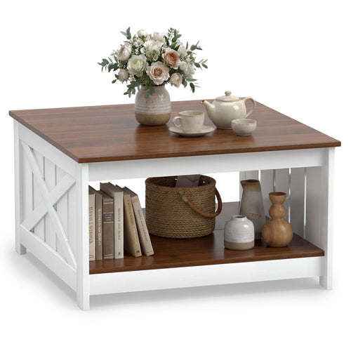 Farmhouse Coffee Table, 31 Inch Square, Storage Shelf, White