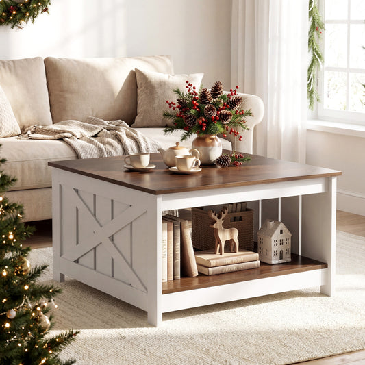 Farmhouse Coffee Table, 31 Inch Square, Storage Shelf, White Coffee Tables White at Gallery Canada