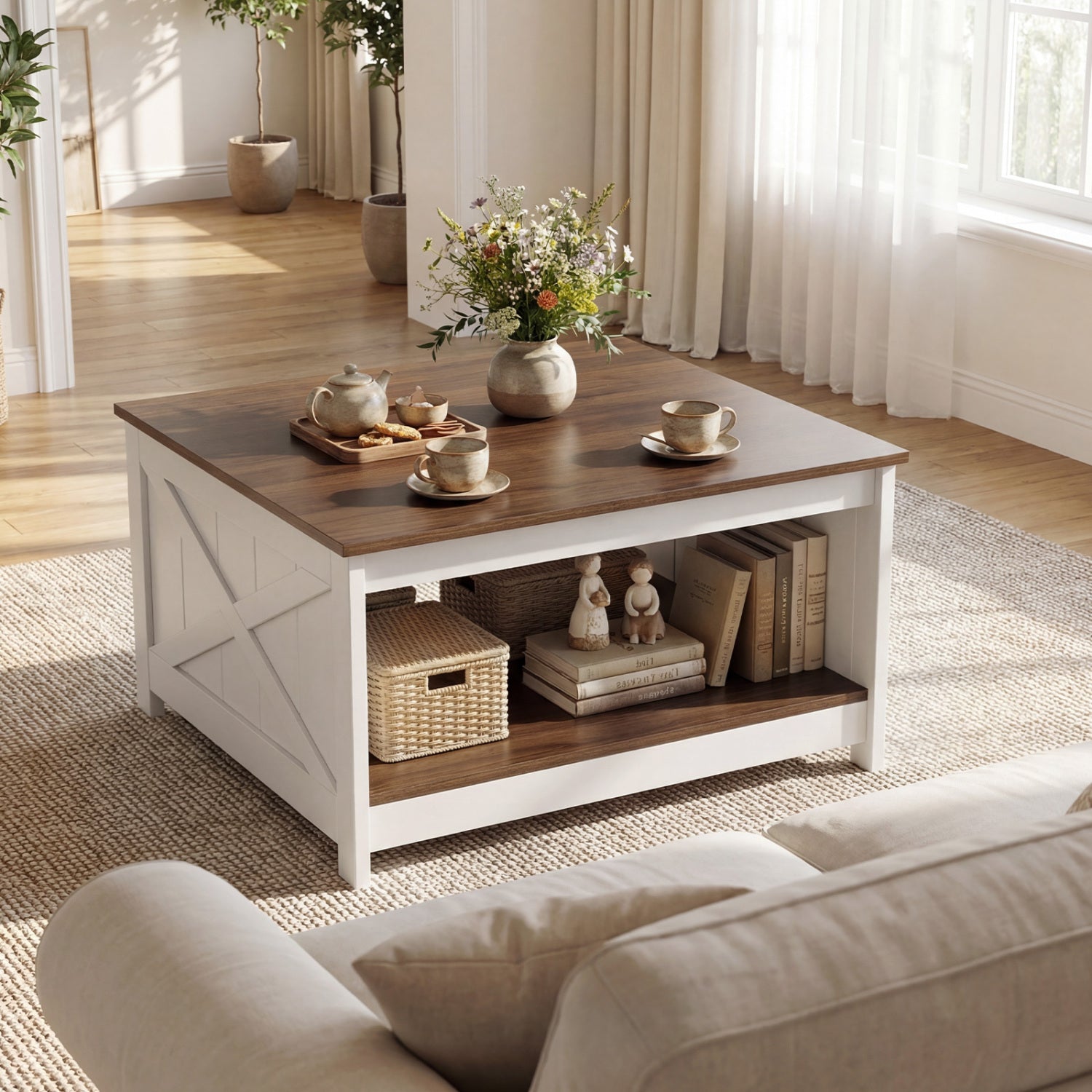 Farmhouse Coffee Table, 31 Inch Square, Storage Shelf, White Coffee Tables at Gallery Canada