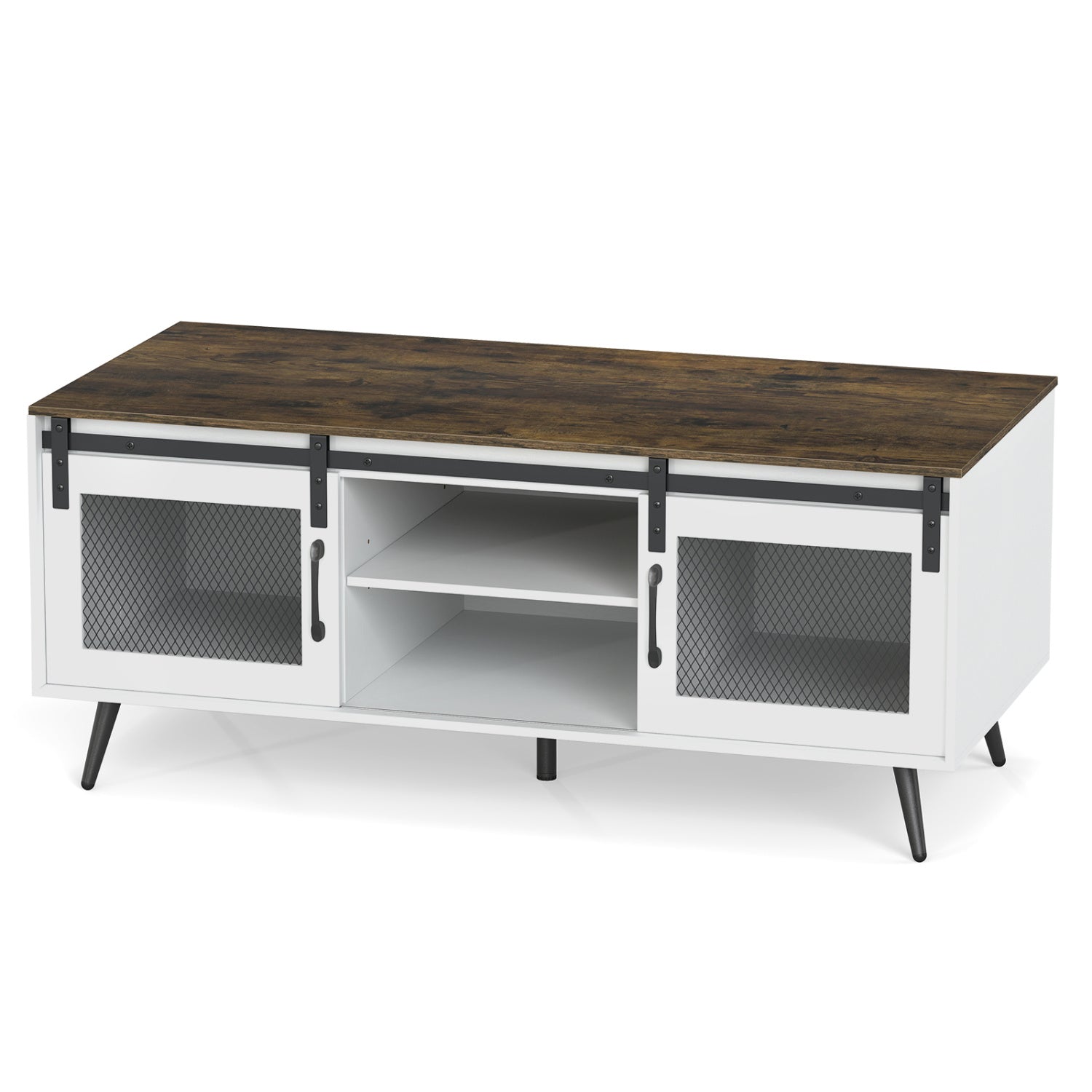 Farmhouse Coffee Table with Sliding Doors Rectangular with Adjustable Shelf, Rustic Brown Coffee Tables at Gallery Canada