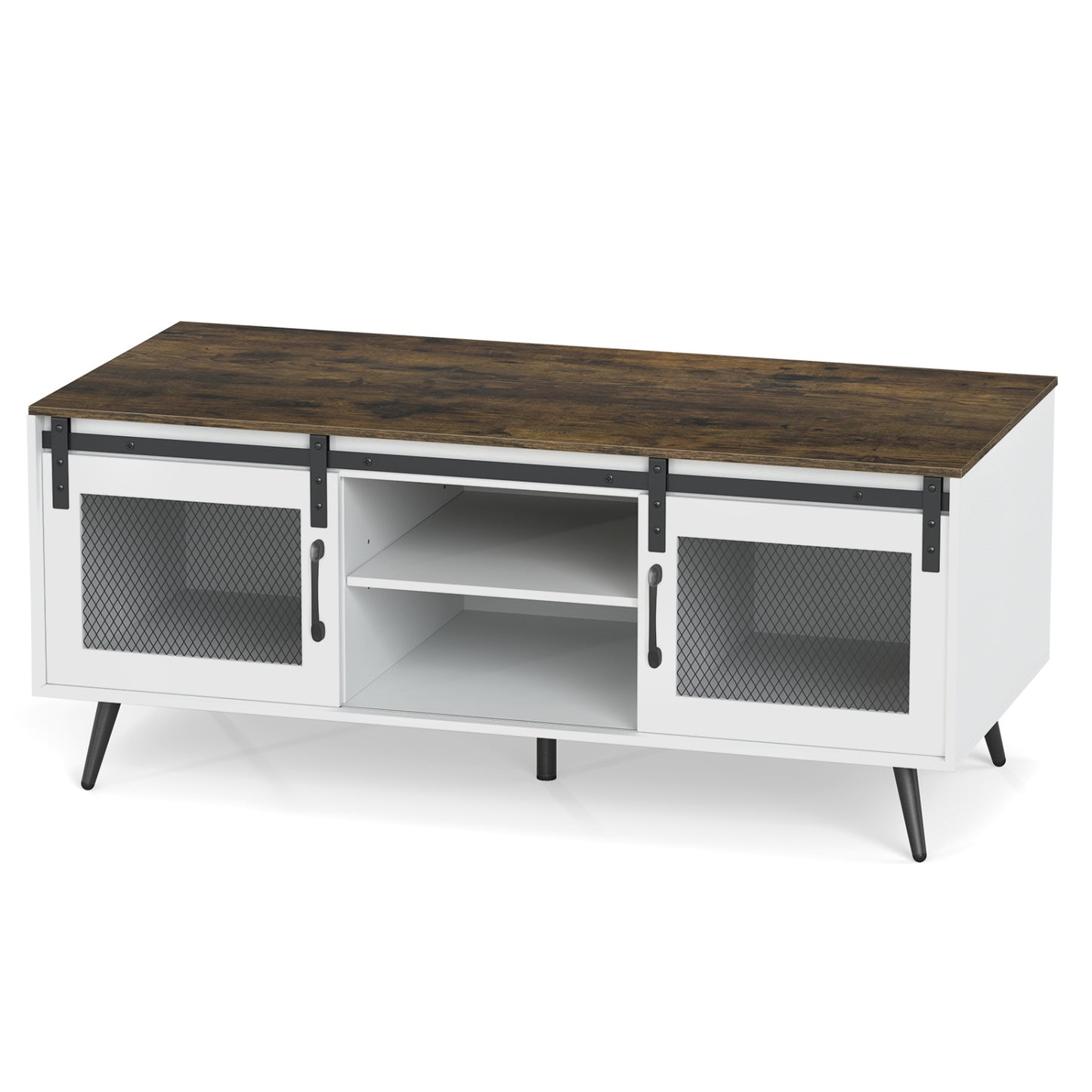 Farmhouse Coffee Table with Sliding Doors Rectangular with Adjustable Shelf, Rustic Brown Coffee Tables at Gallery Canada