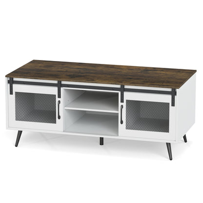 Farmhouse Coffee Table with Sliding Doors Rectangular with Adjustable Shelf, Rustic Brown Coffee Tables at Gallery Canada