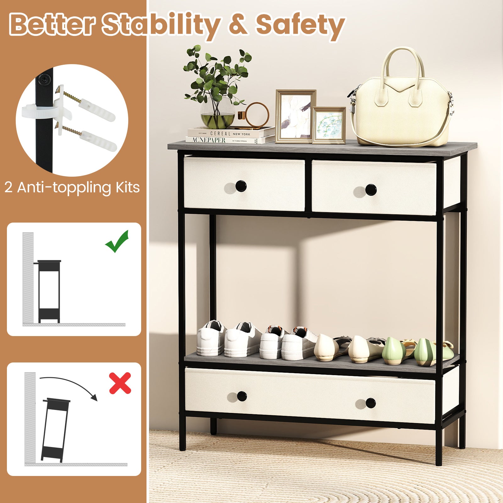 Farmhouse Console Table with Open Storage Shelf for Hallway, Gray Console Tables at Gallery Canada