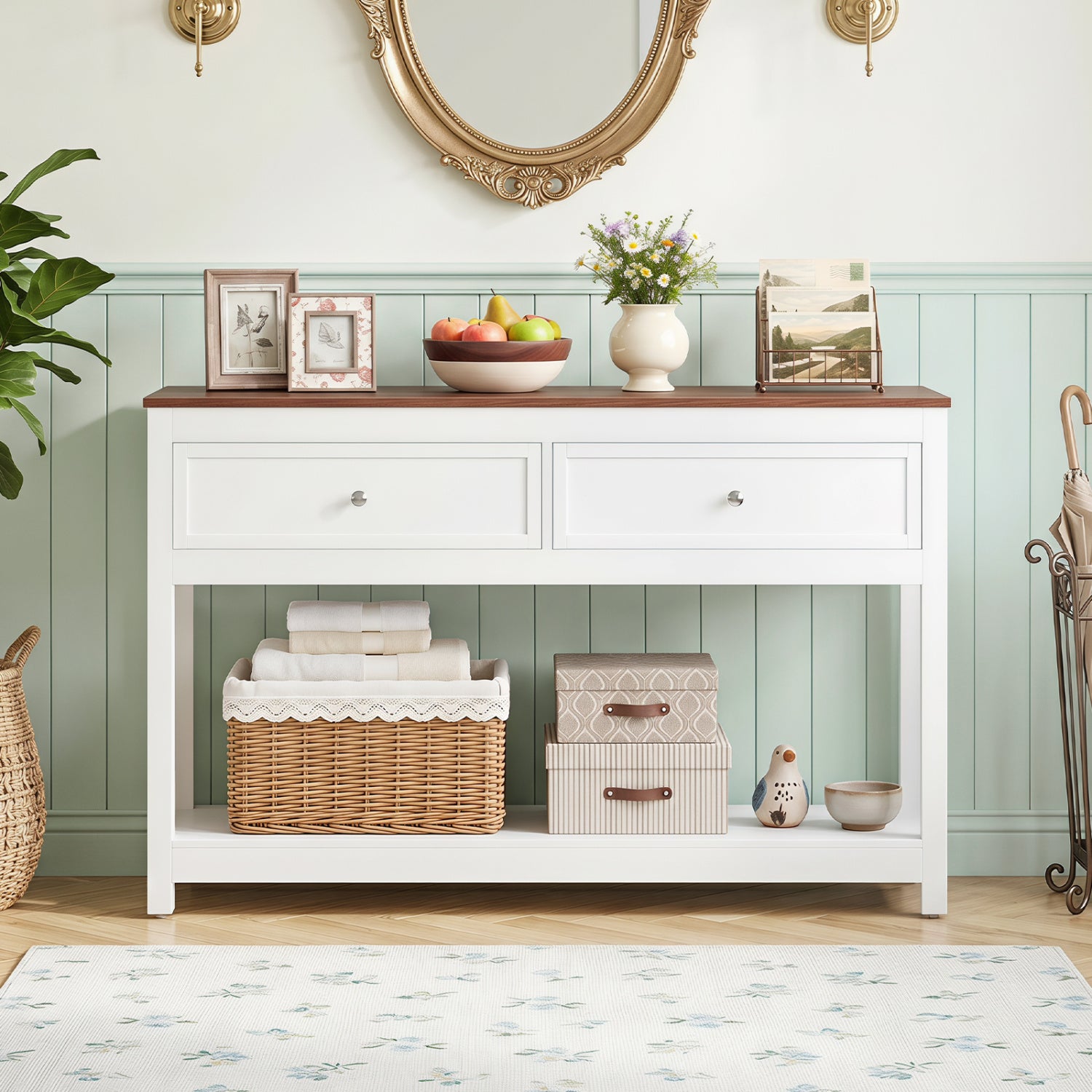 Farmhouse Console Table, 2 Drawers, Shelf, White Console Tables at Gallery Canada