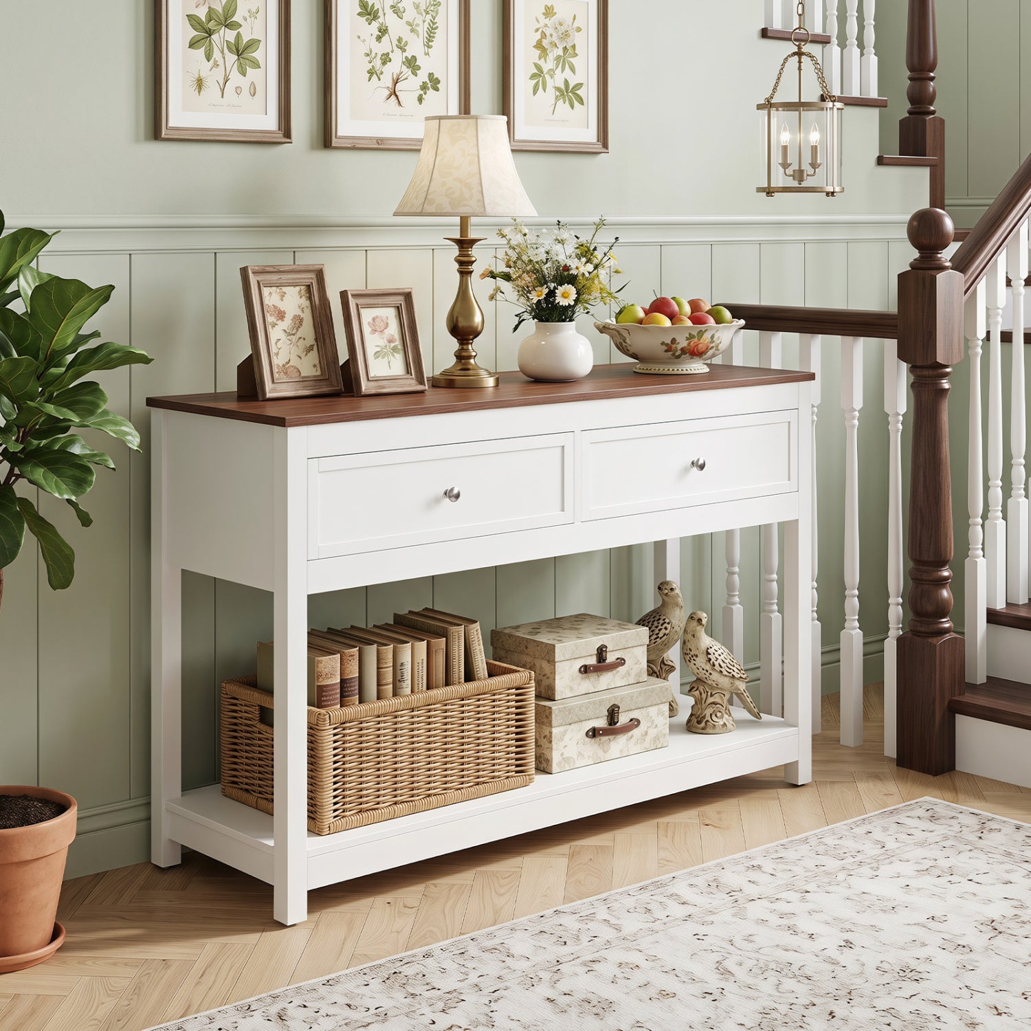 Farmhouse Console Table, 2 Drawers, Shelf, White Console Tables at Gallery Canada