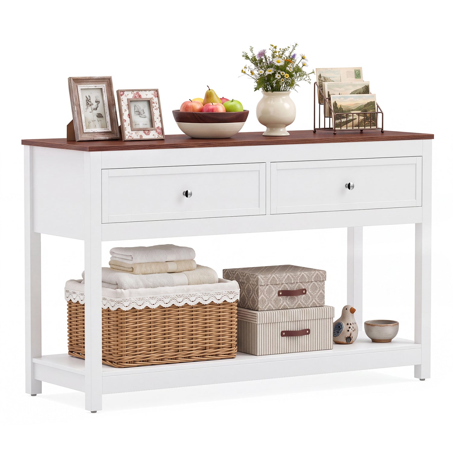 Farmhouse Console Table, 2 Drawers, Shelf, White Console Tables at Gallery Canada