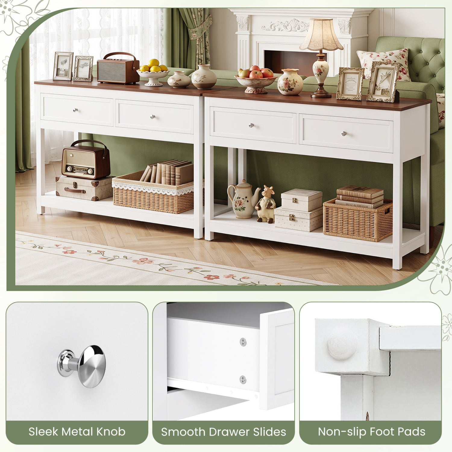 Farmhouse Console Table, 2 Drawers, Shelf, White Console Tables at Gallery Canada