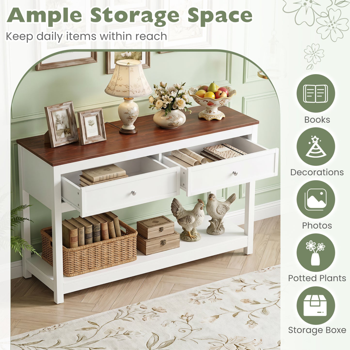 Farmhouse Console Table, 2 Drawers, Shelf, White Console Tables at Gallery Canada