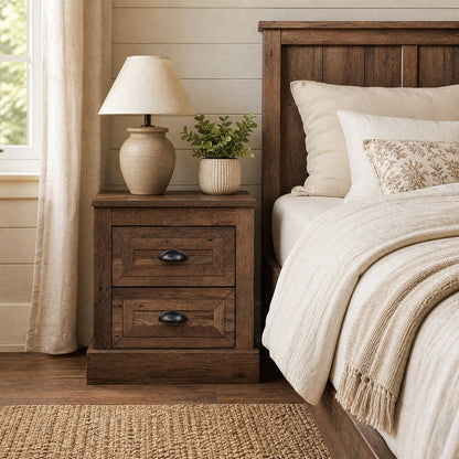 Farmhouse Nightstand with 2 Drawers, Brown
