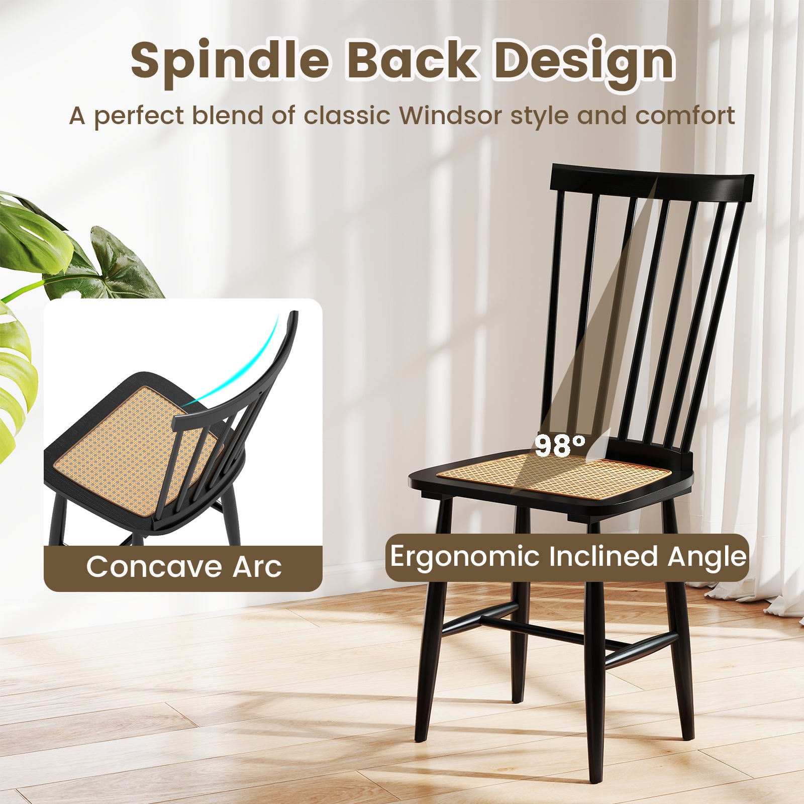Farmhouse Solid Rubber Wood Dining Chairs Set of 2 with PE Rattan Seats, Black Dining Chairs at Gallery Canada