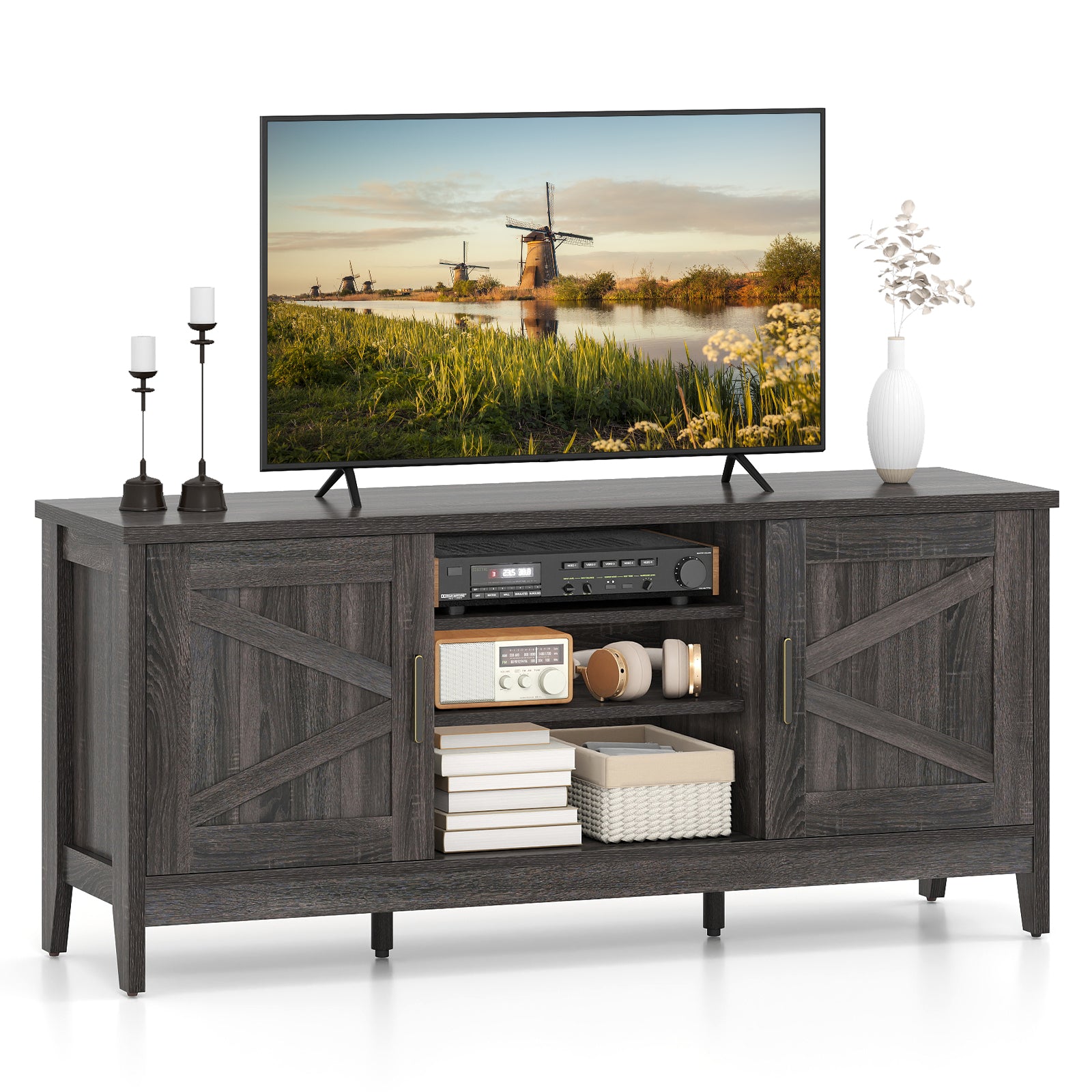 Farmhouse TV Stand for TVs up to 65 Inch Entertainment Center with 2 Storage Cabinets, Gray Entertainment Centers & TV Stands at Gallery Canada