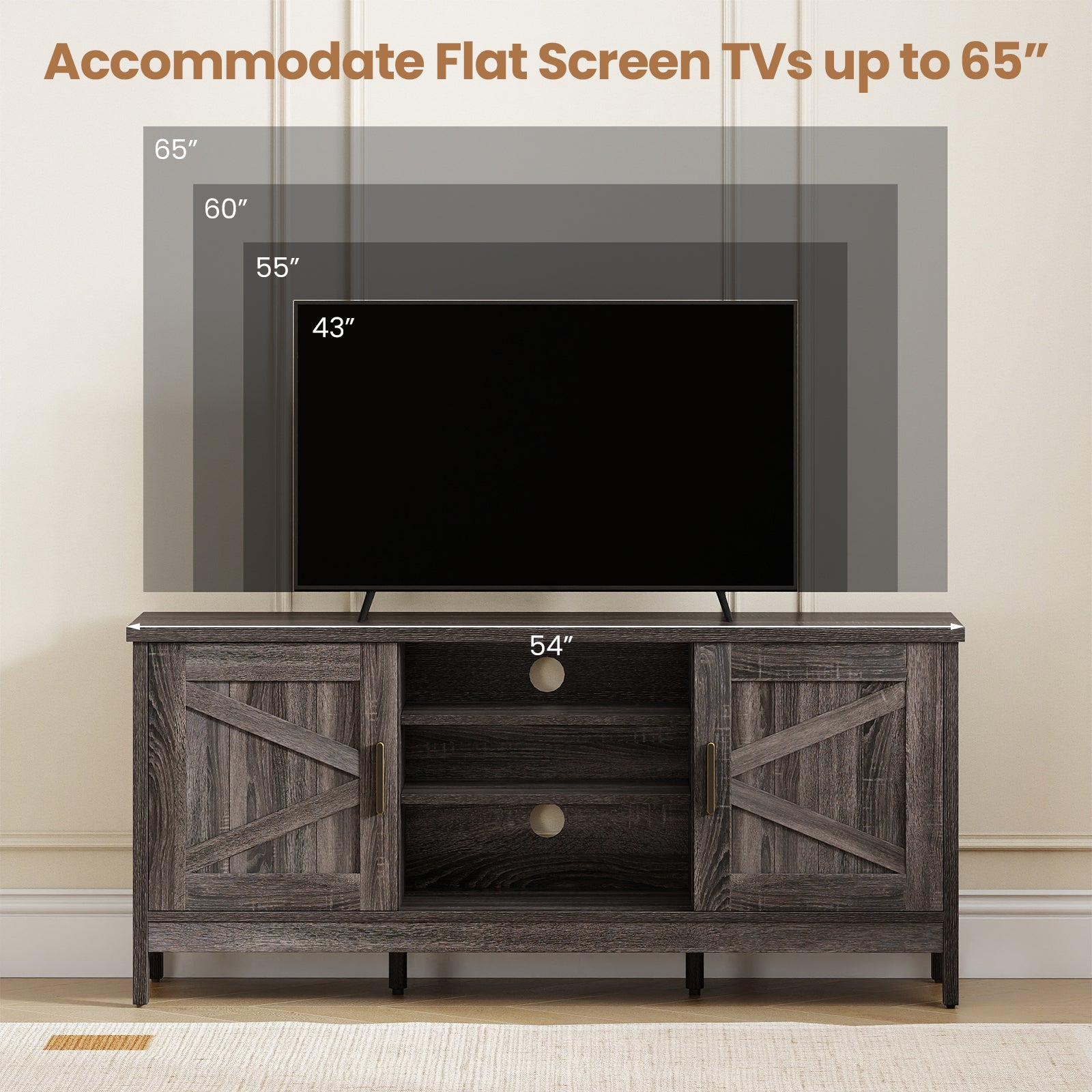Farmhouse TV Stand for TVs up to 65 Inch Entertainment Center with 2 Storage Cabinets, Gray Entertainment Centers & TV Stands at Gallery Canada