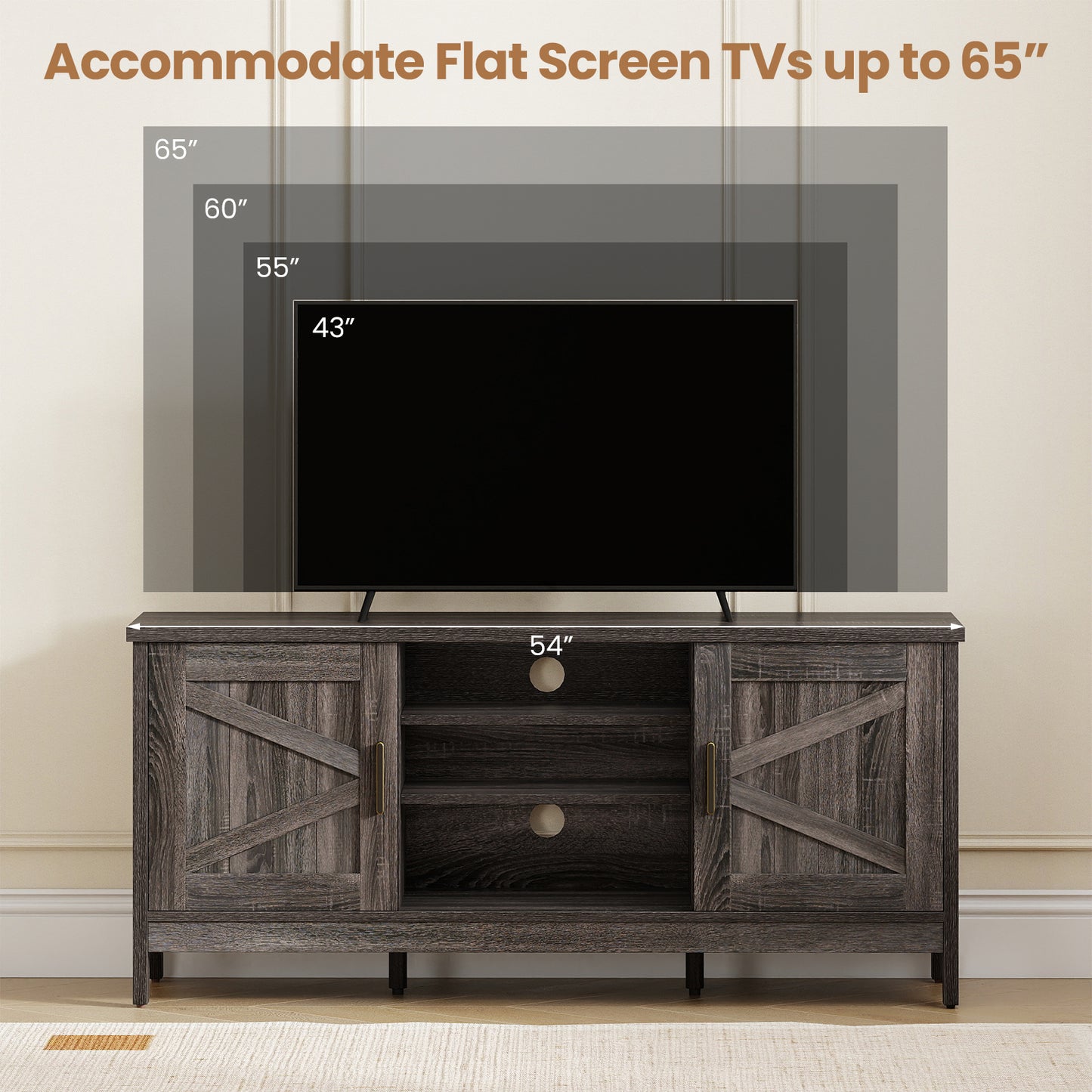 Farmhouse TV Stand for TVs up to 65 Inch Entertainment Center with 2 Storage Cabinets, Gray Entertainment Centers & TV Stands at Gallery Canada