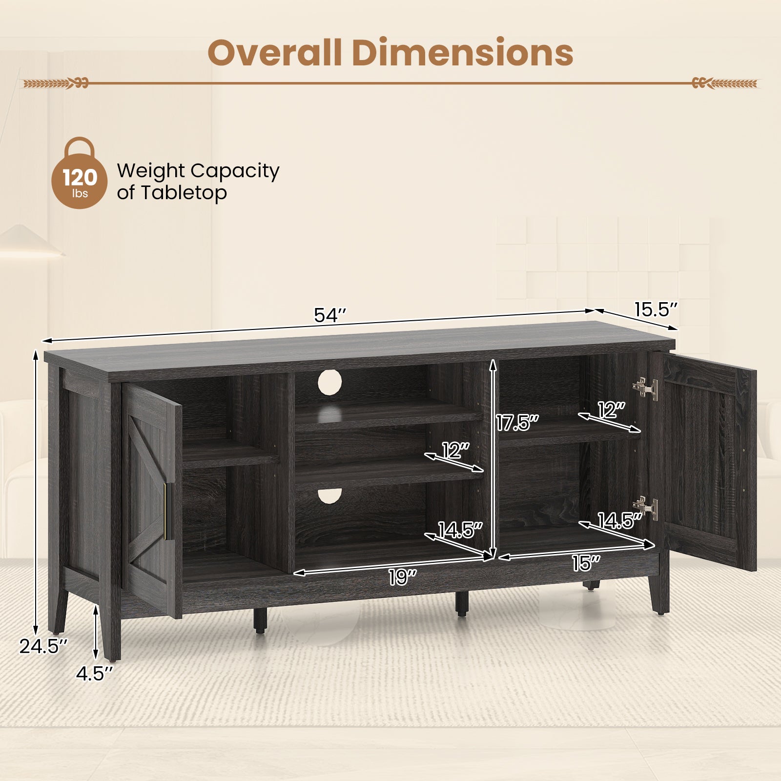 Farmhouse TV Stand for TVs up to 65 Inch Entertainment Center with 2 Storage Cabinets, Gray Entertainment Centers & TV Stands at Gallery Canada