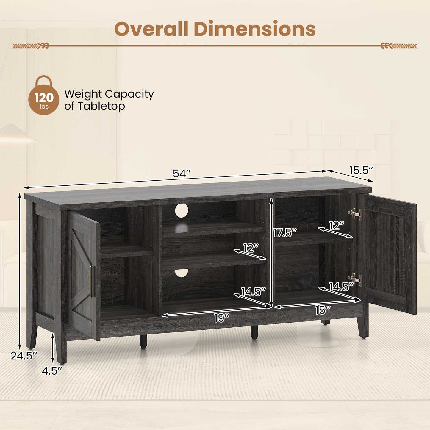 Farmhouse TV Stand for TVs up to 65 Inch Entertainment Center with 2 Storage Cabinets, Gray Entertainment Centers & TV Stands at Gallery Canada