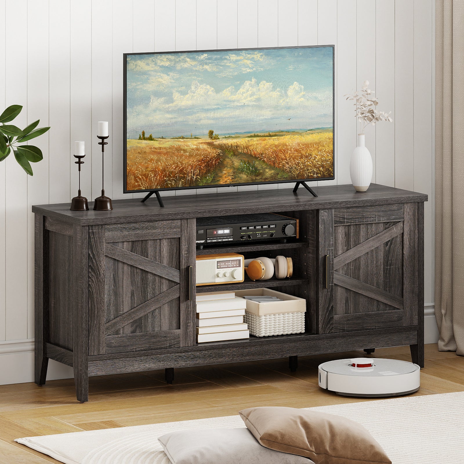 Farmhouse TV Stand for TVs up to 65 Inch Entertainment Center with 2 Storage Cabinets, Gray Entertainment Centers & TV Stands at Gallery Canada