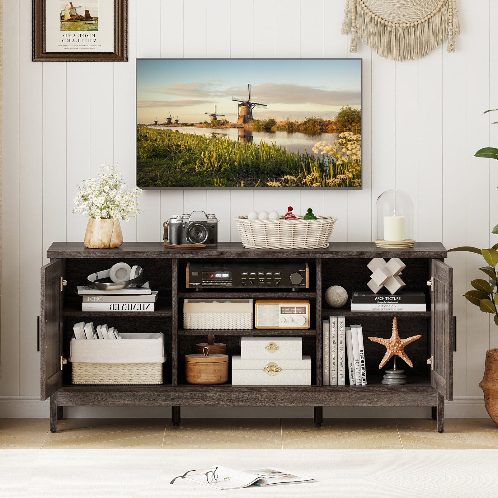 Farmhouse TV Stand for TVs up to 65 Inch Entertainment Center with 2 Storage Cabinets, Gray Entertainment Centers & TV Stands at Gallery Canada
