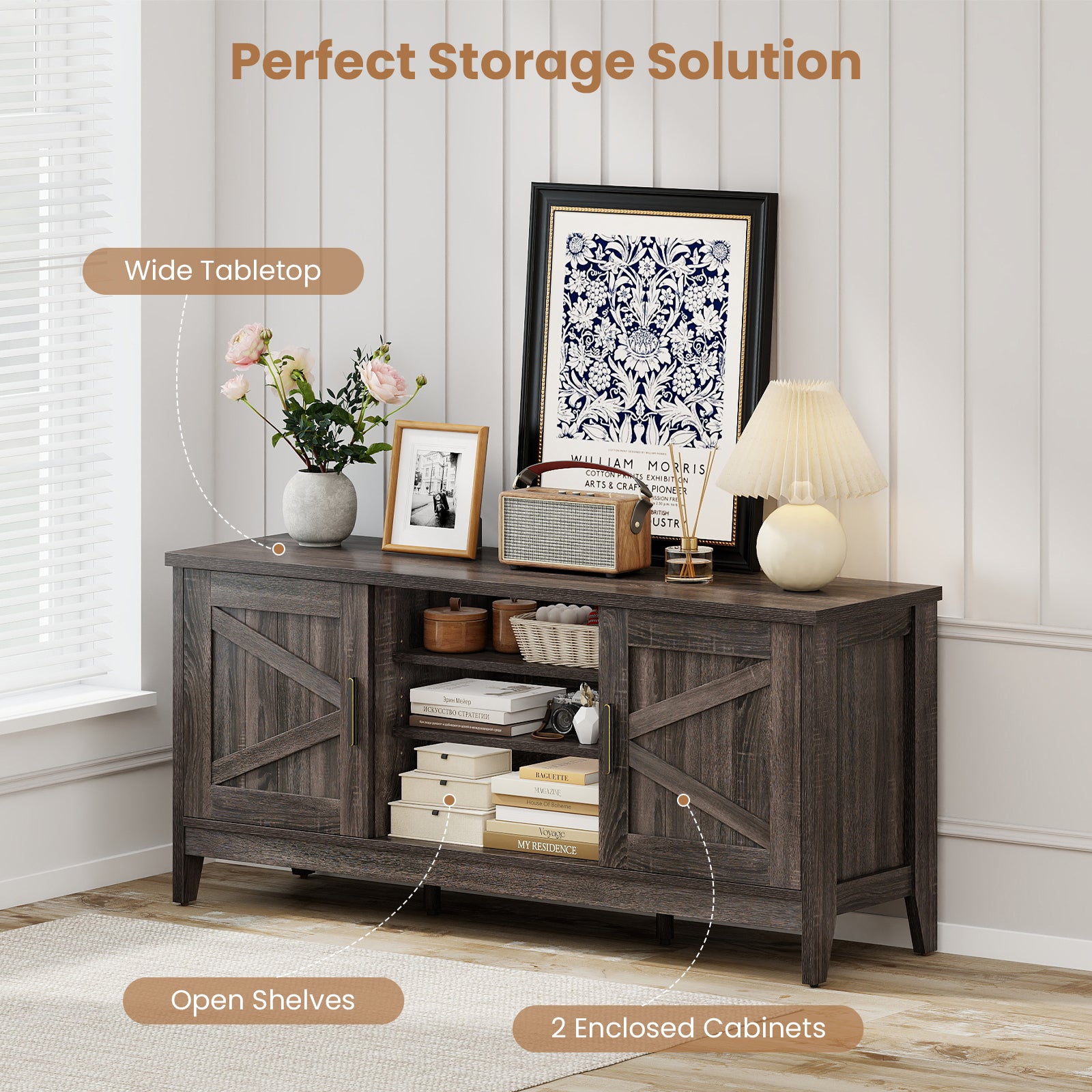 Farmhouse TV Stand for TVs up to 65 Inch Entertainment Center with 2 Storage Cabinets, Gray Entertainment Centers & TV Stands at Gallery Canada