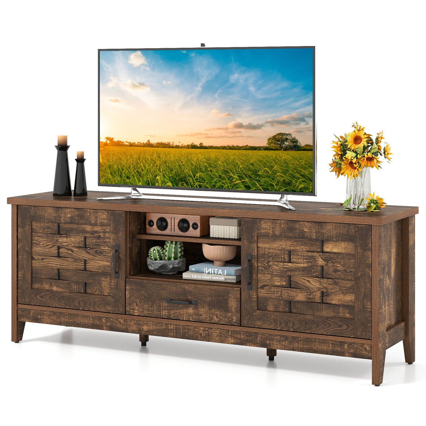 Farmhouse TV Stand for 65 Inch TVs with 2 Woven Accent Doors and 3 Adjustable Shelves, Rustic Brown Entertainment Centers & TV Stands at Gallery Canada