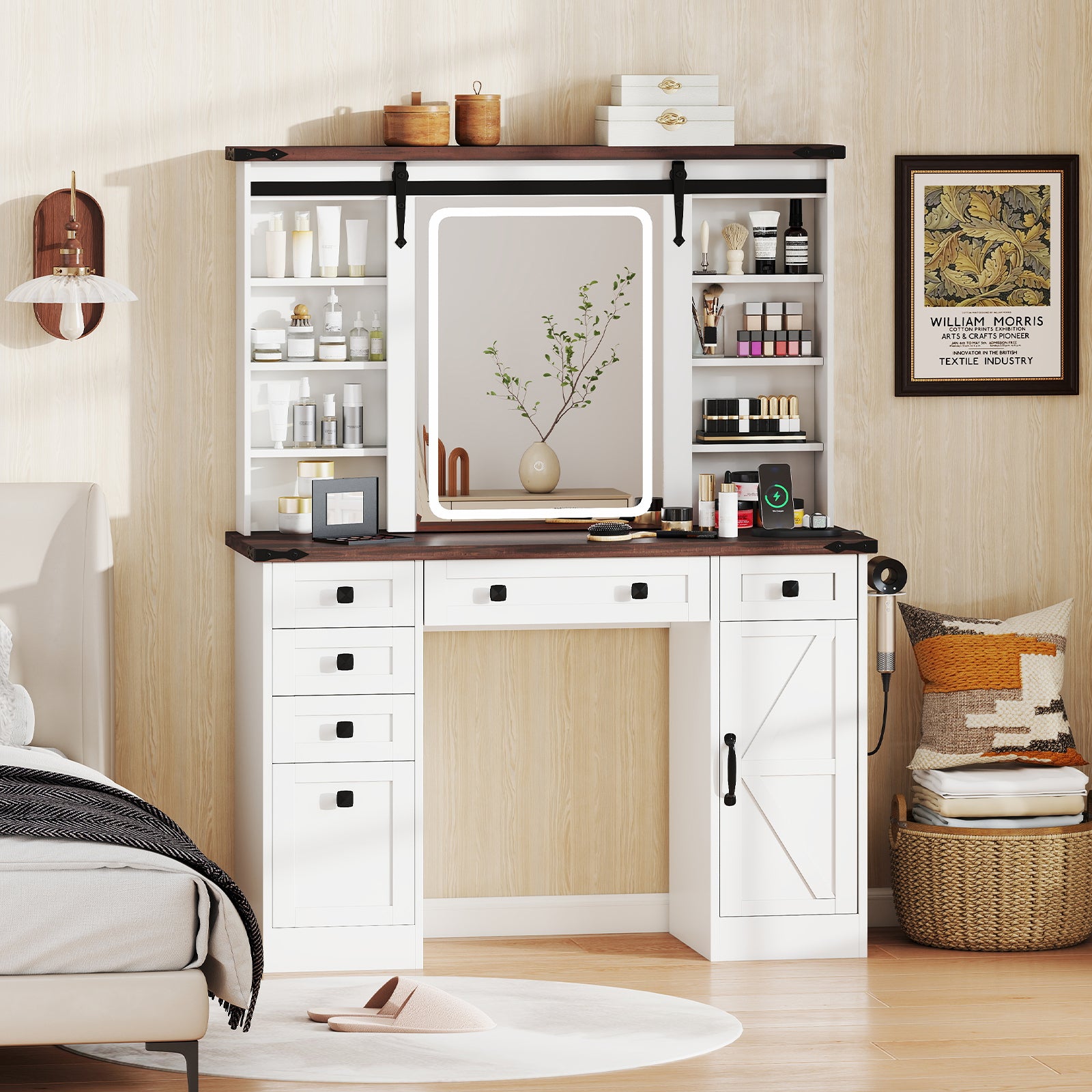 Farmhouse Vanity Desk With Barn-Style Sliding Mirror, 3 Lighting Modes, White Makeup Vanities at Gallery Canada