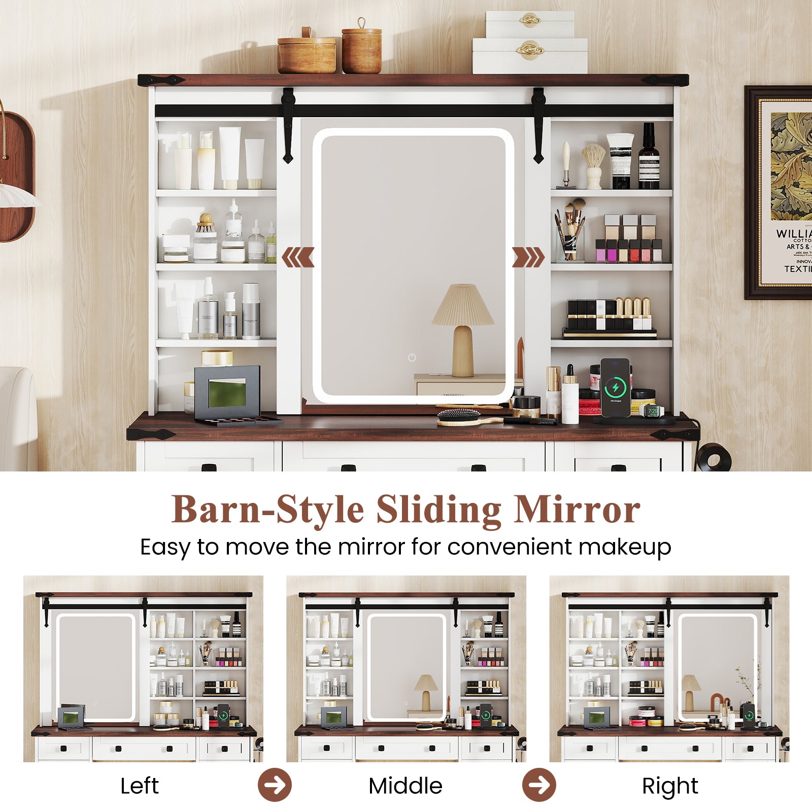 Farmhouse Vanity Desk With Barn-Style Sliding Mirror, 3 Lighting Modes, White Makeup Vanities at Gallery Canada
