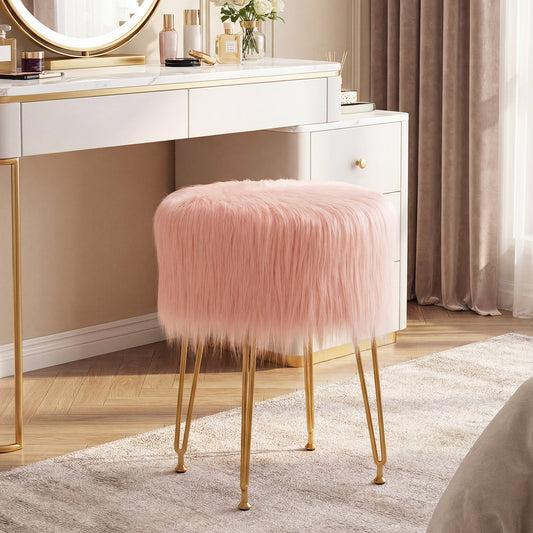 Faux Fur Vanity Stool Chair, Metal Legs, Pink Ottomans Pink at Gallery Canada