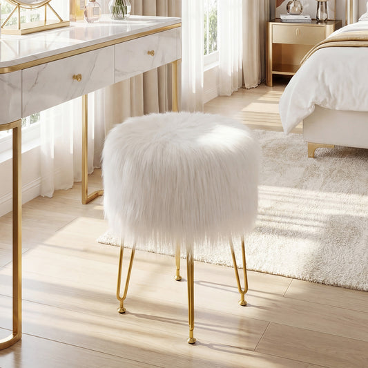 Faux Fur Vanity Stool, Metal Legs, White Ottomans White at Gallery Canada
