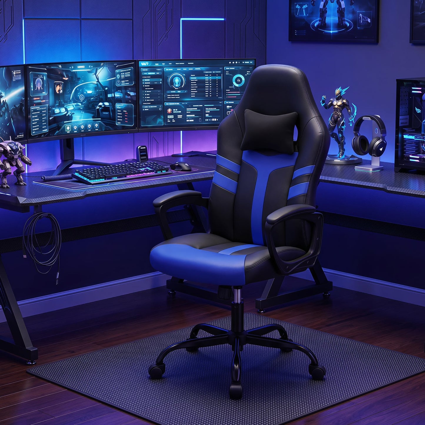 Faux Leather Office Chair with Head Pillow, Rocking Function, Blue Gaming Chairs at Gallery Canada