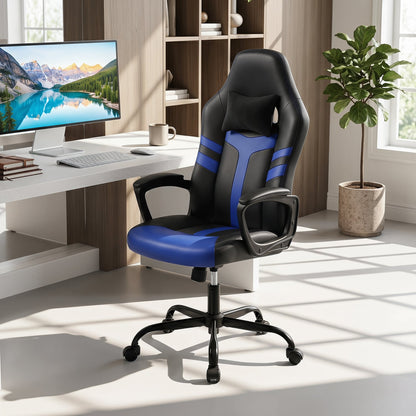 Faux Leather Office Chair with Head Pillow, Rocking Function, Blue Gaming Chairs at Gallery Canada