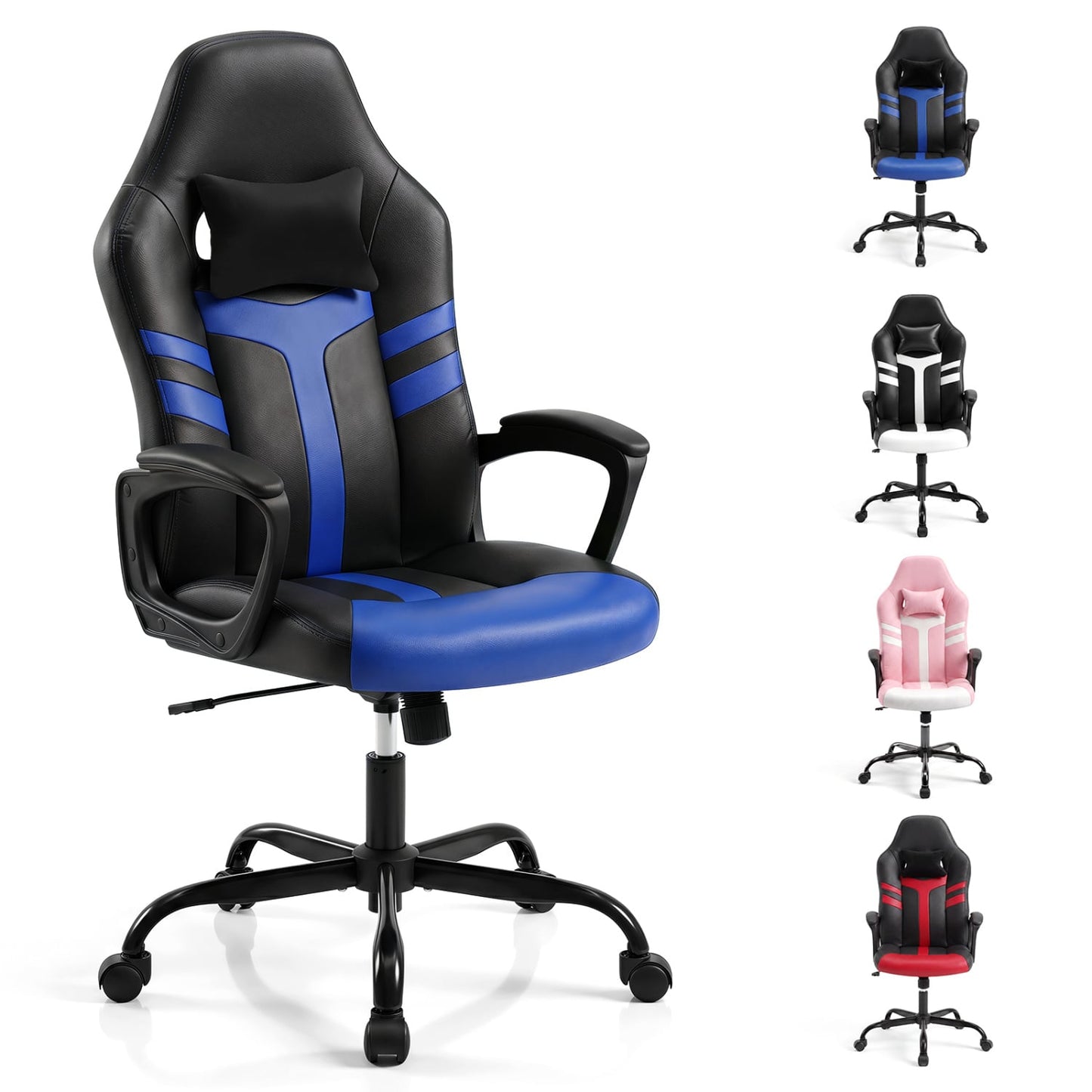 Faux Leather Office Chair with Head Pillow, Rocking Function, Blue Gaming Chairs at Gallery Canada