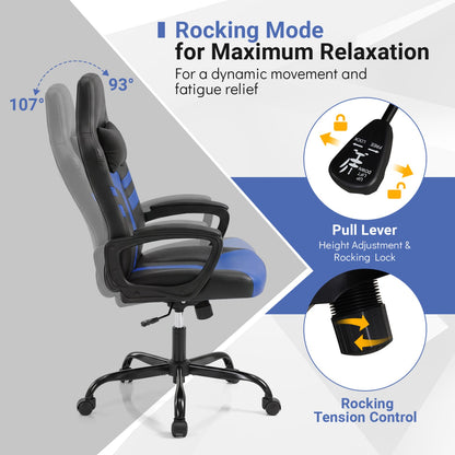 Faux Leather Office Chair with Head Pillow, Rocking Function, Blue Gaming Chairs at Gallery Canada