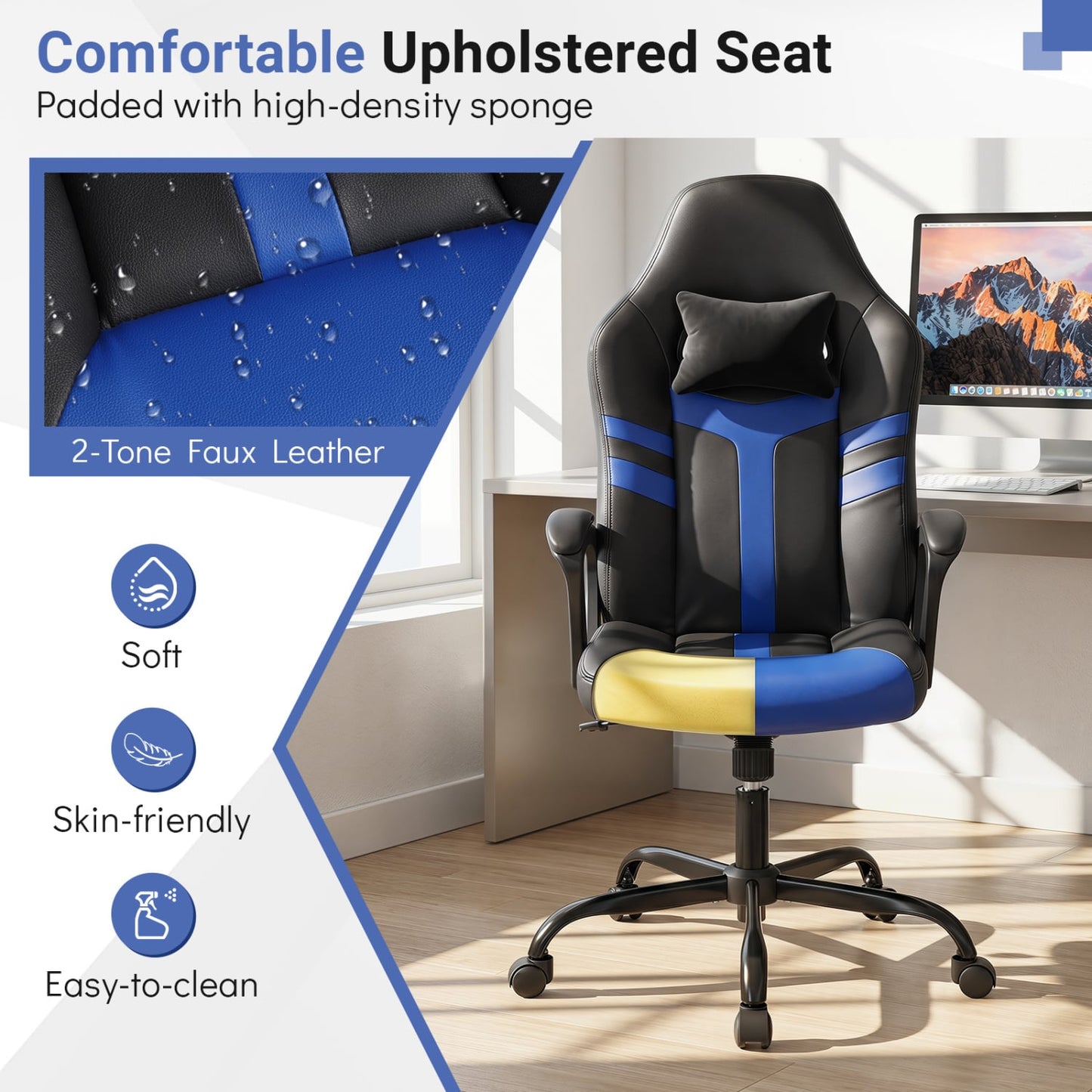 Faux Leather Office Chair with Head Pillow, Rocking Function, Blue Gaming Chairs at Gallery Canada
