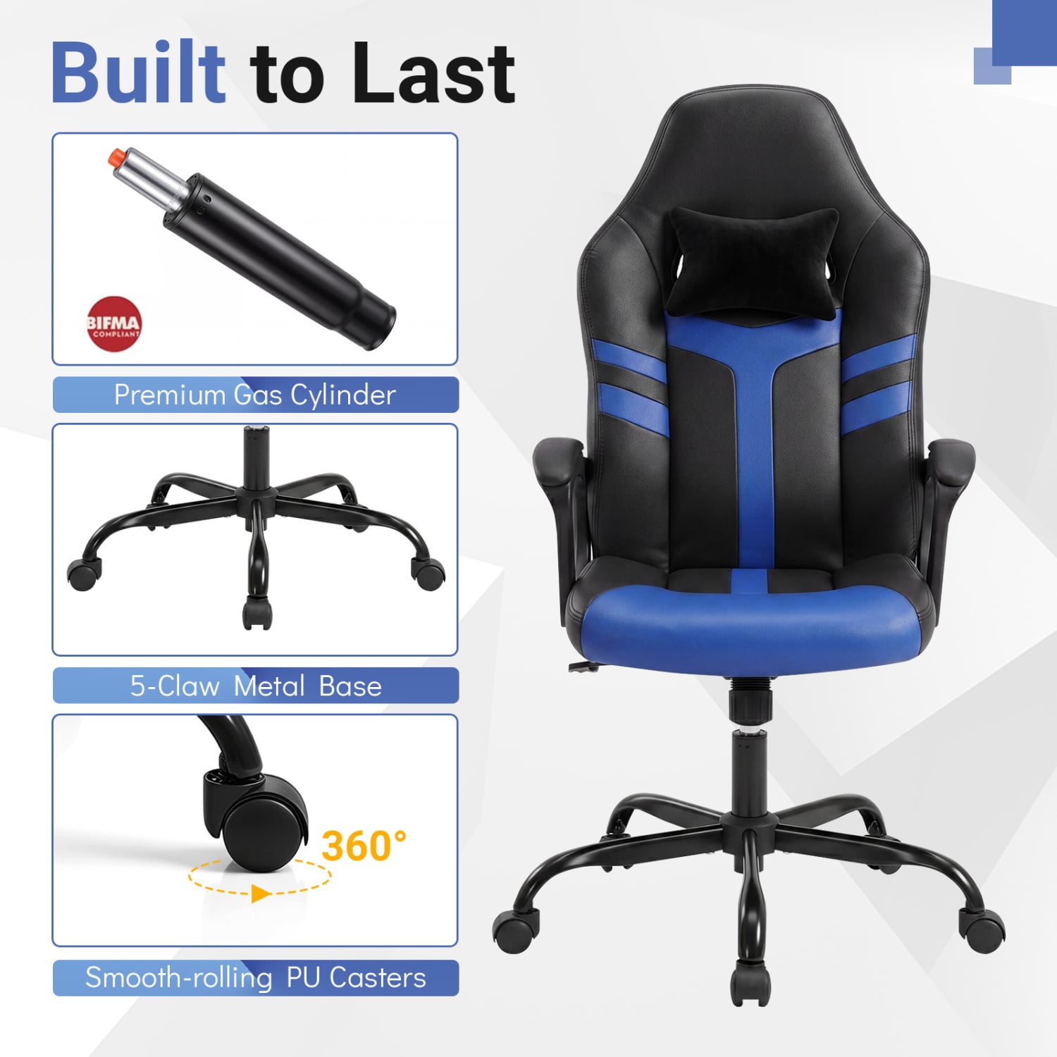 Faux Leather Office Chair with Head Pillow, Rocking Function, Blue Gaming Chairs at Gallery Canada