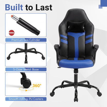Faux Leather Office Chair with Head Pillow, Rocking Function, Blue Gaming Chairs at Gallery Canada