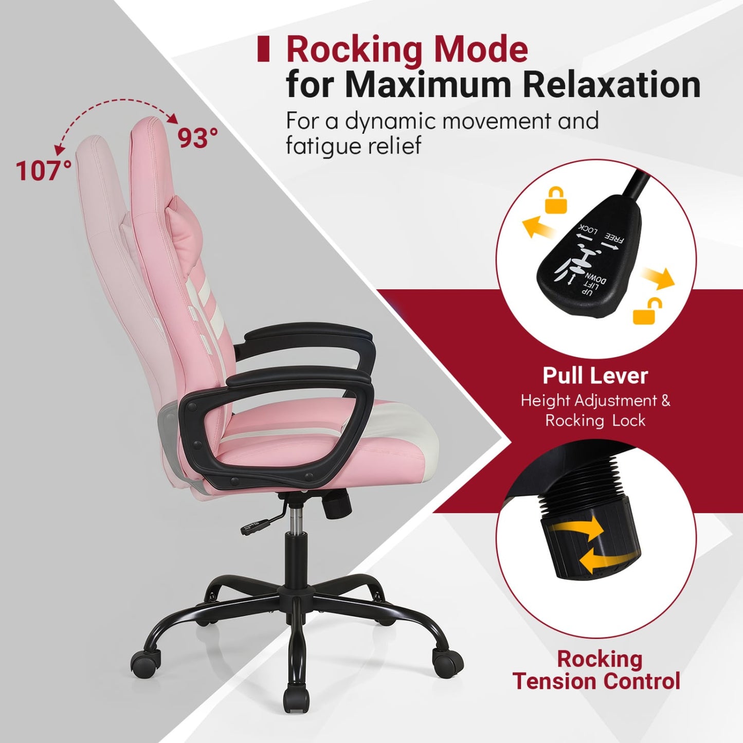 Faux Leather Office Chair With Head Pillow & Rocking, Pink Gaming Chairs at Gallery Canada