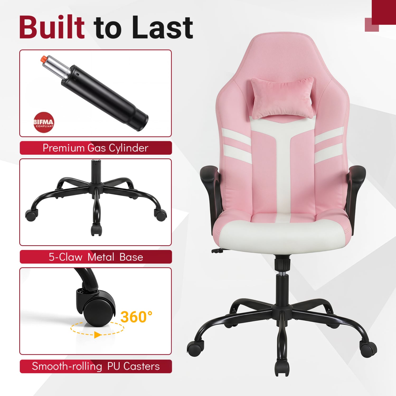 Faux Leather Office Chair With Head Pillow & Rocking, Pink Gaming Chairs at Gallery Canada