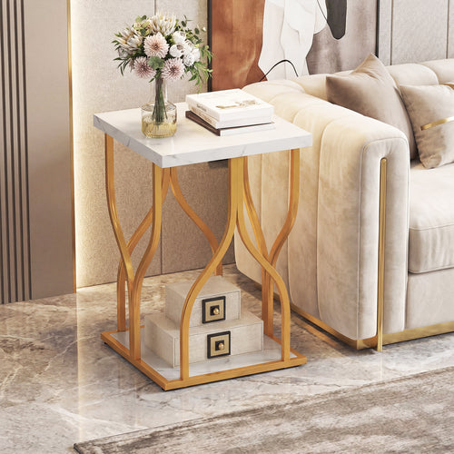 Faux Marble Bedside Night Stand, White