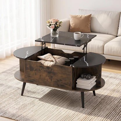 Faux Marble Lift Top Coffee Table with Hidden Compartment and Shelves, Black Coffee Tables at Gallery Canada