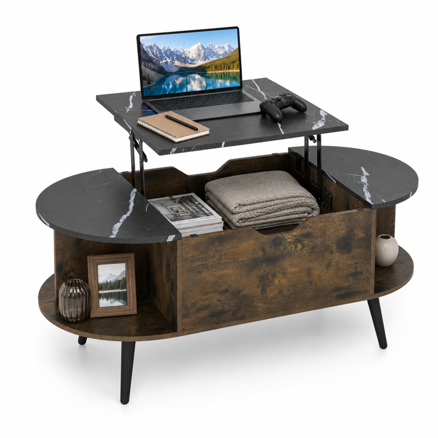 Faux Marble Lift Top Coffee Table with Hidden Compartment and Shelves, Black Coffee Tables at Gallery Canada