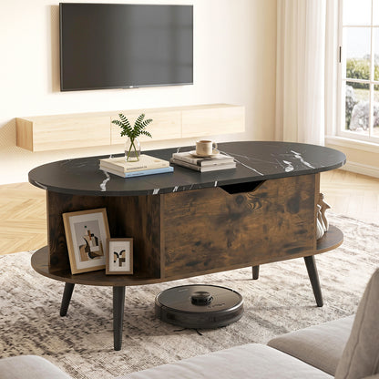 Faux Marble Lift Top Coffee Table with Hidden Compartment and Shelves, Black Coffee Tables at Gallery Canada