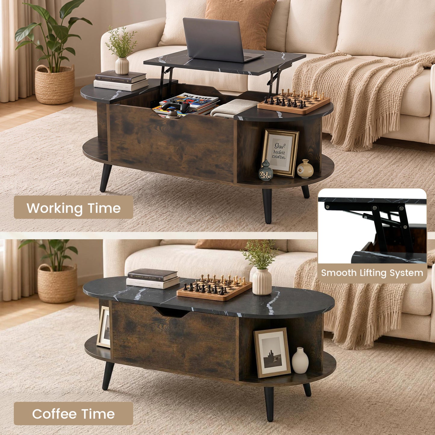 Faux Marble Lift Top Coffee Table with Hidden Compartment and Shelves, Black Coffee Tables at Gallery Canada