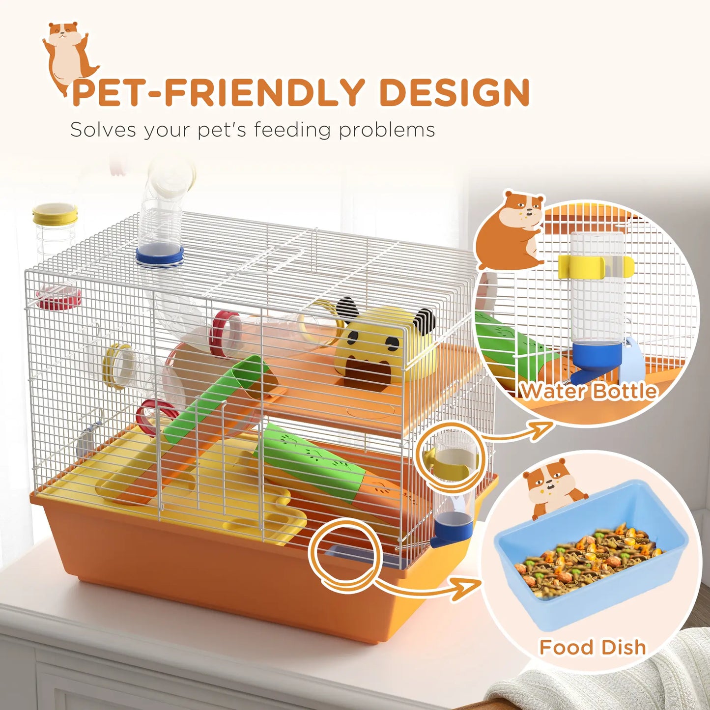 3 Tier Hamster Cage, Tunnels, Water Bottle, Exercise Wheel, 18" x 11" x 15", Orange Hamster Cages at Gallery Canada
