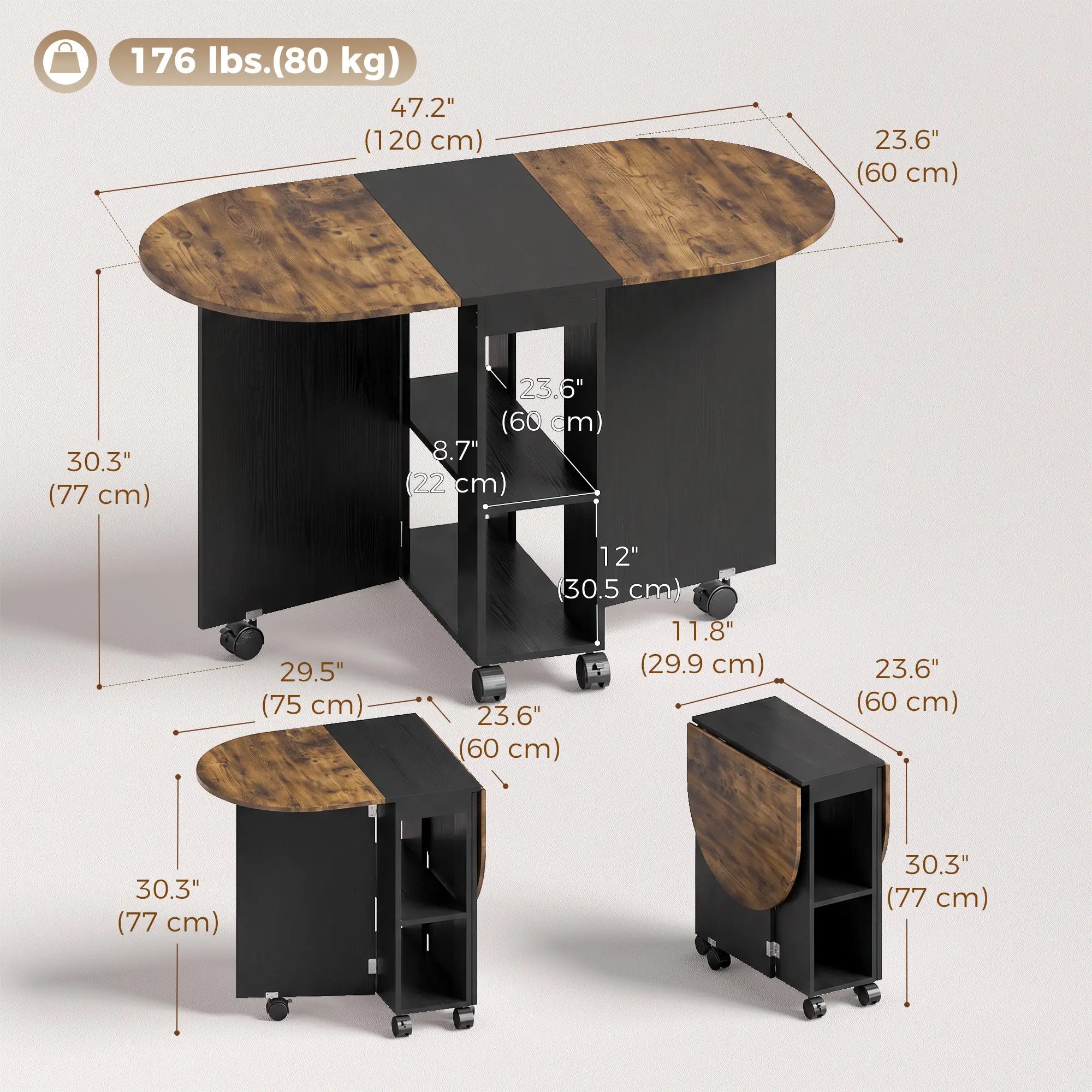 Folding Dining Table, Drop Leaf Design, 2 Shelves, 120cm, Rustic Brown, Brown Dining Tables at Gallery Canada