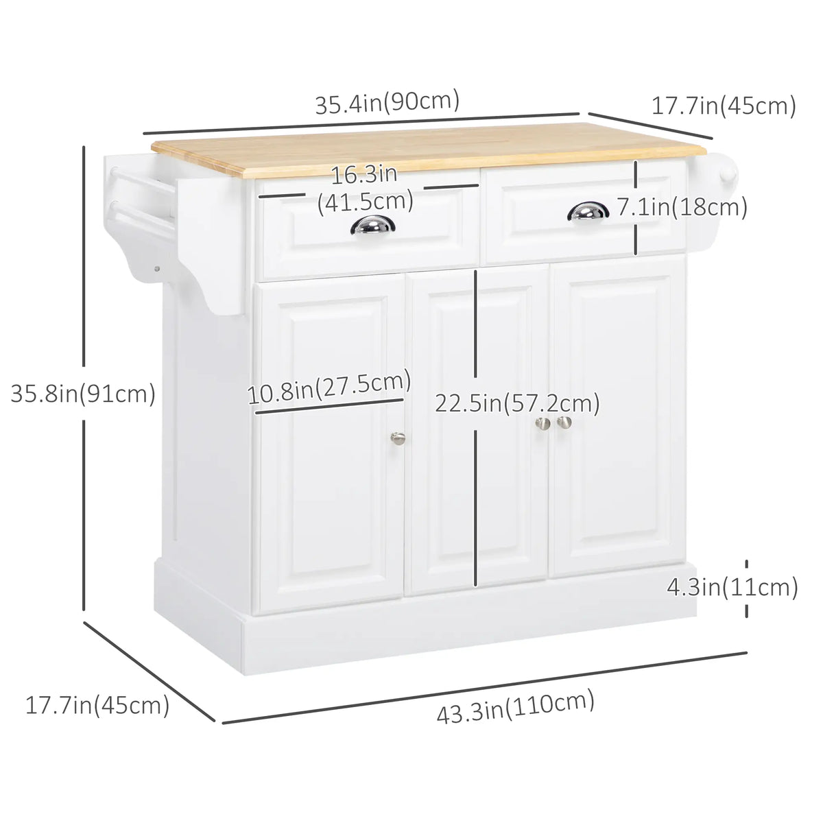 Kitchen Island With Storage, Rolling Cart, Rubber Wood Top, White Kitchen Islands & Kitchen Carts at Gallery Canada