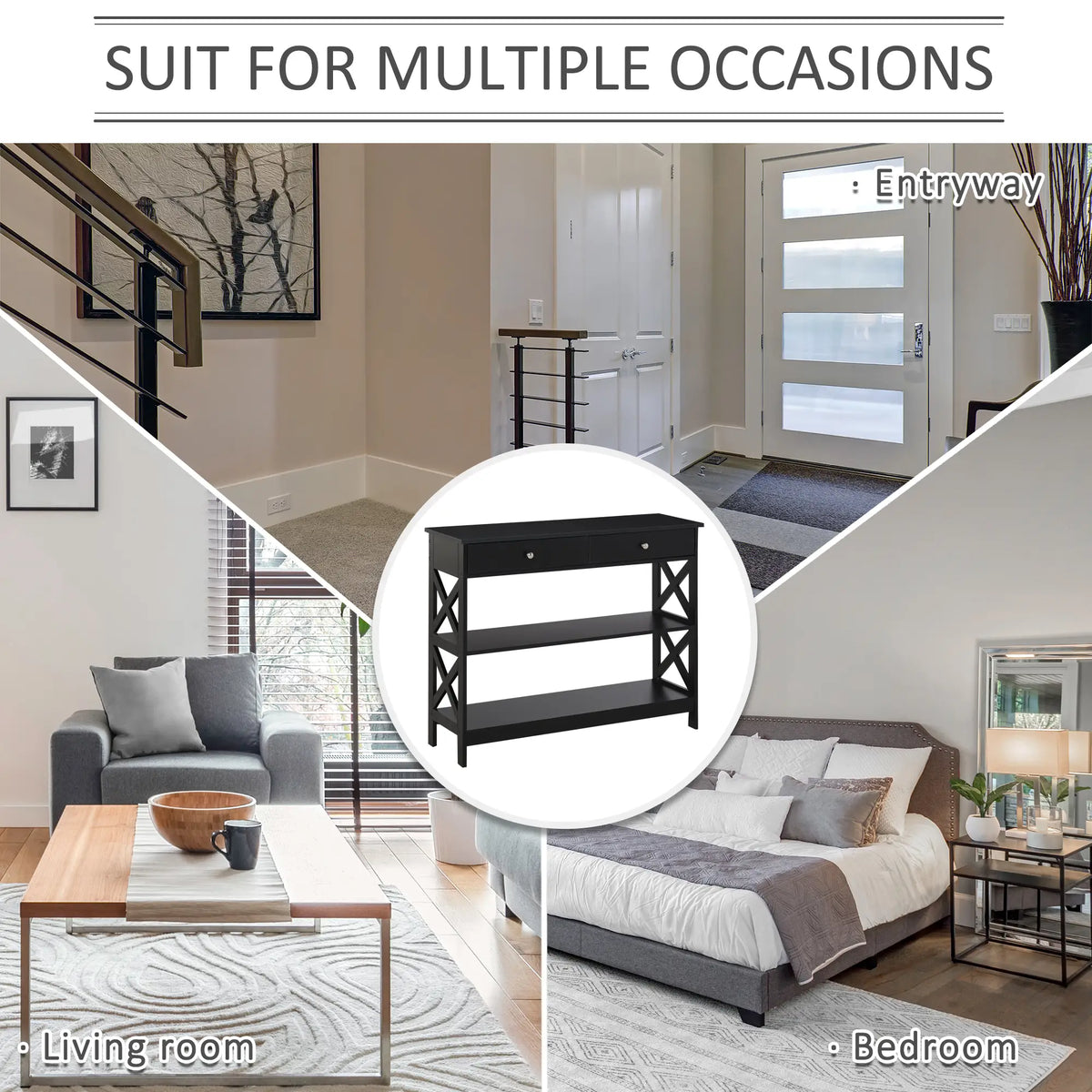 39" Narrow Console Table, Storage Shelves, Drawers, X Frame, Black Console Tables at Gallery Canada