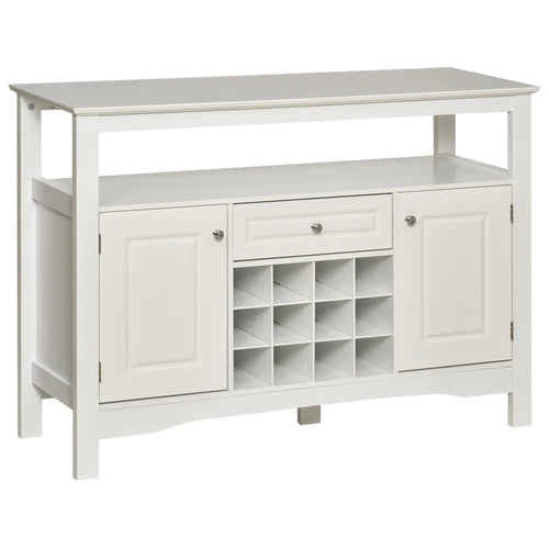 Modern Kitchen Buffet Cabinet, Drawer, 12-Bottle Wine Rack, White