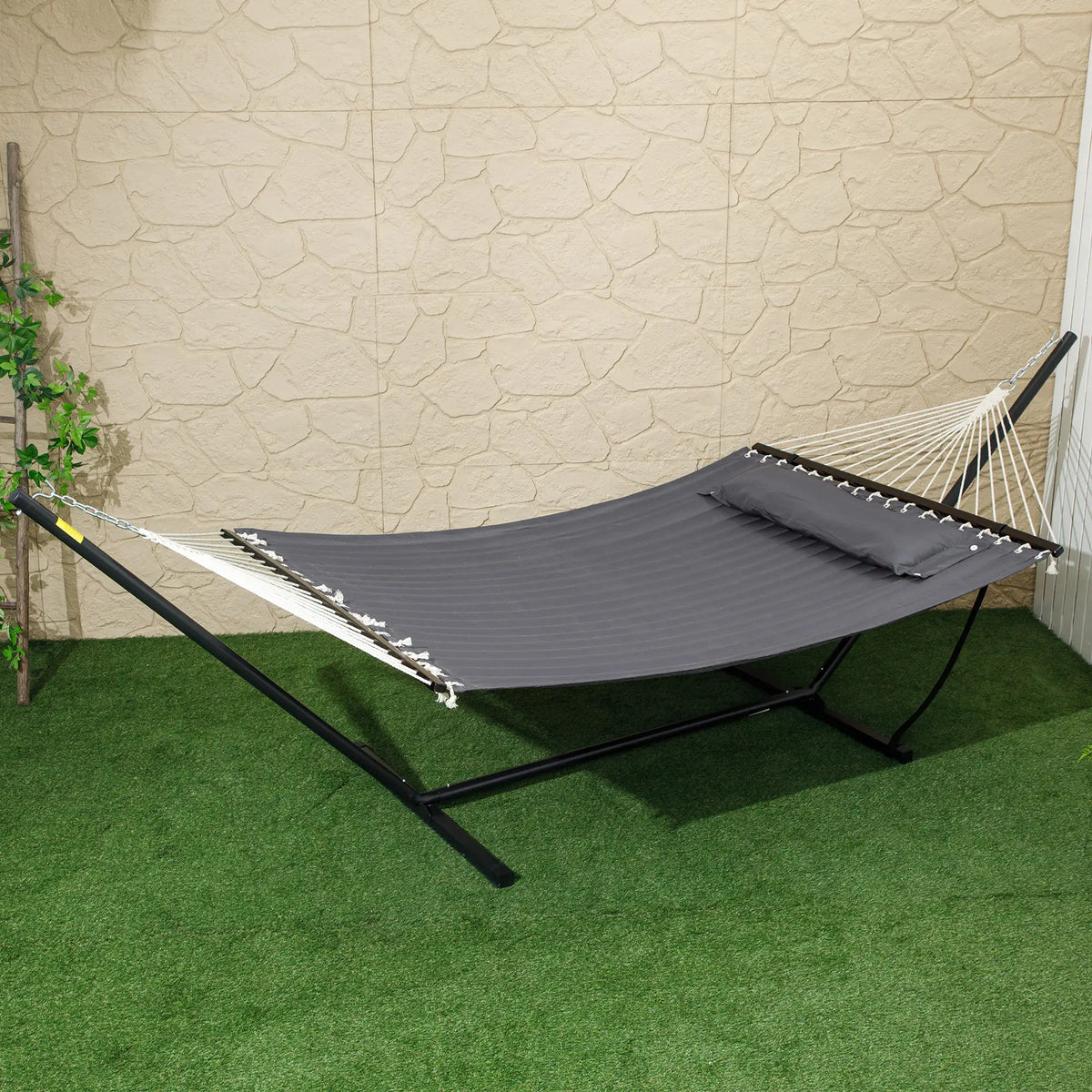 2 Person Quilted Hammock with Stand, Pillow, Spreader Bars, Dark Grey Camping Hammocks at Gallery Canada