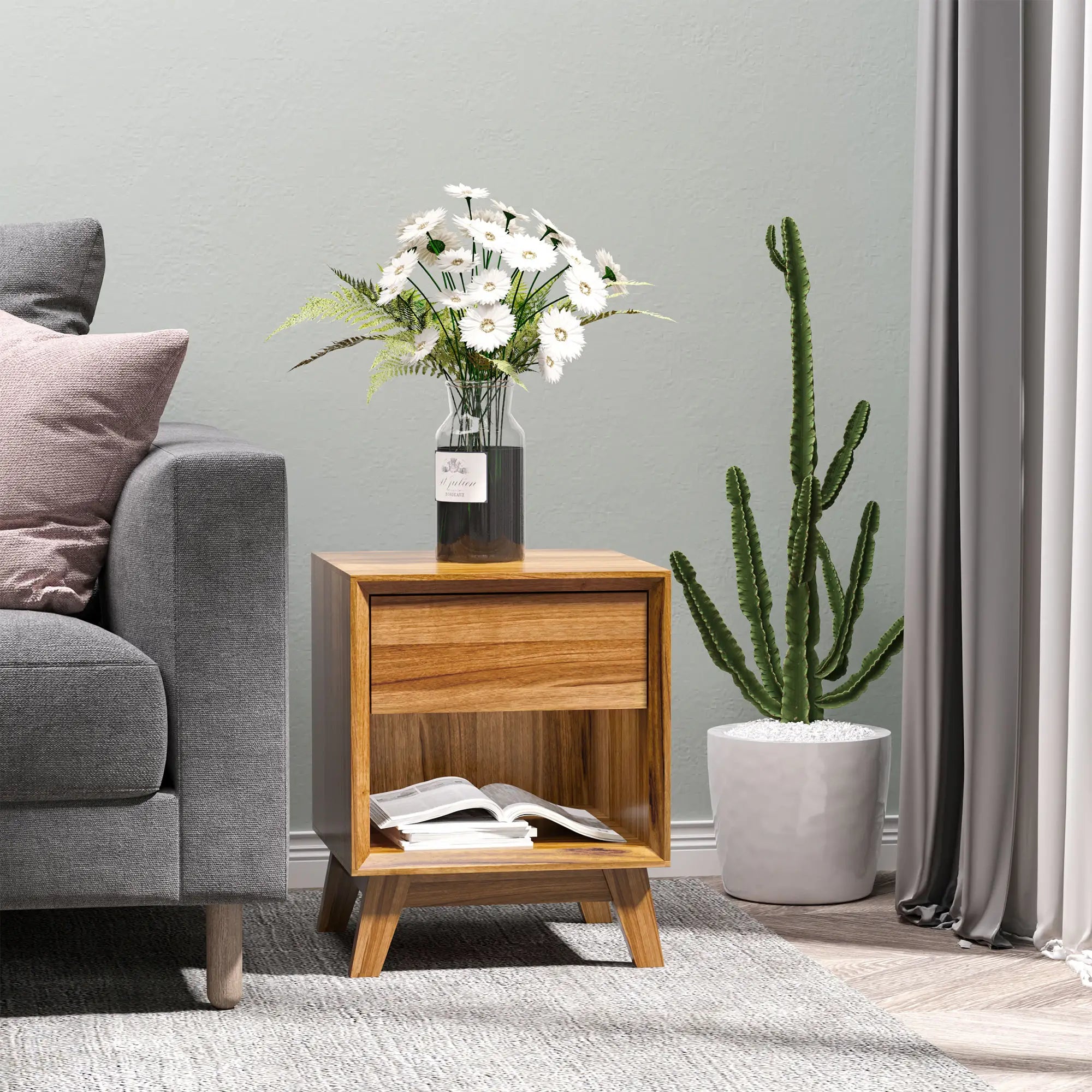 Walnut Brown Nightstand With Drawer & Shelf, Bedroom Side Table, Brown Bedside Tables at Gallery Canada