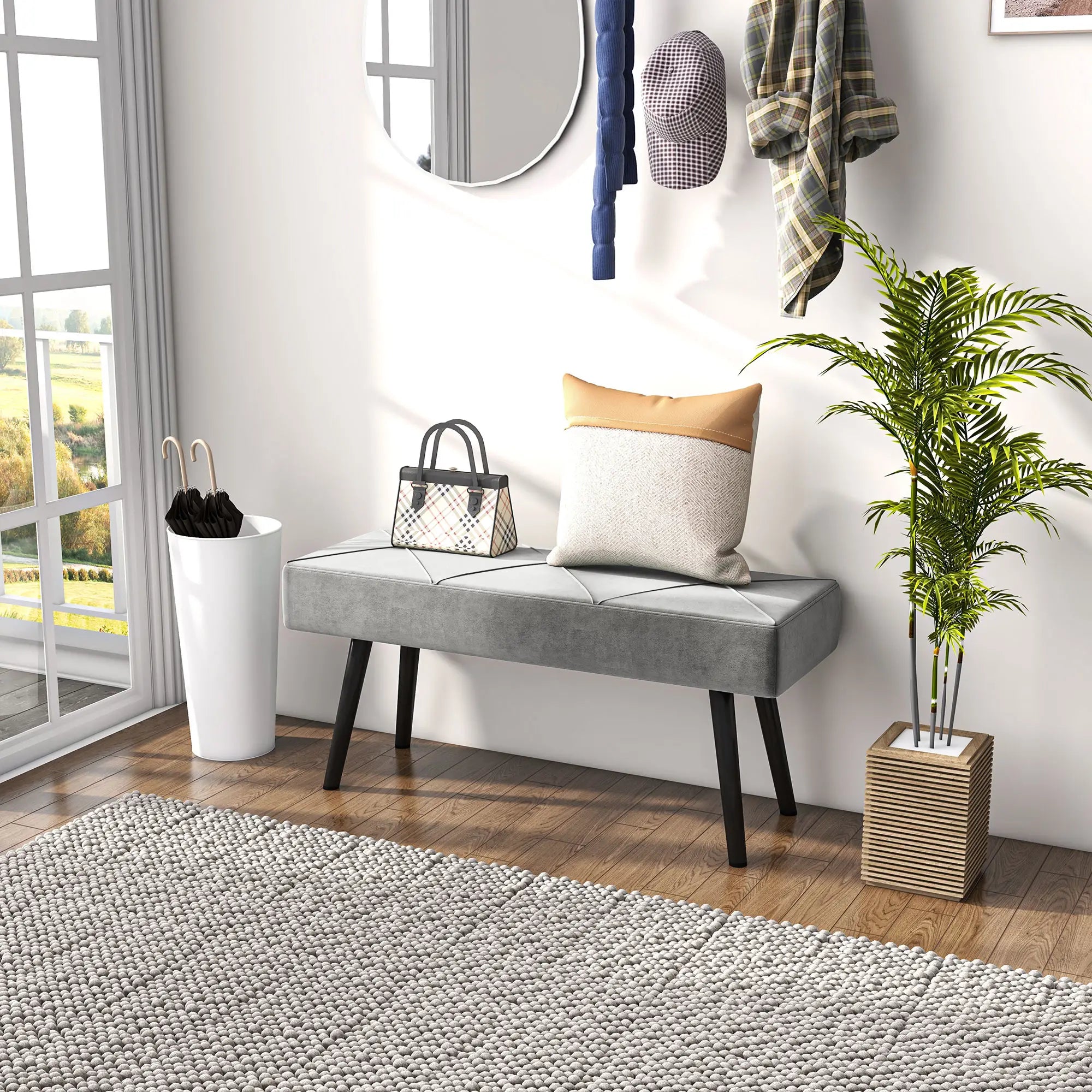 39 Inches Upholstered Bed Bench, Modern Steel Legs, Grey Storage Ottomans & Benches at Gallery Canada